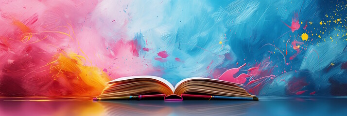 Open book with vibrant abstract background, concept of creativity and imagination, book lovers day