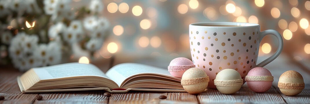 Open book with a cup of coffee and macarons, concept of relaxation and indulgence, book lovers day