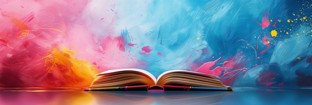 Open book with vibrant abstract background, concept of creativity and imagination, book lovers day
