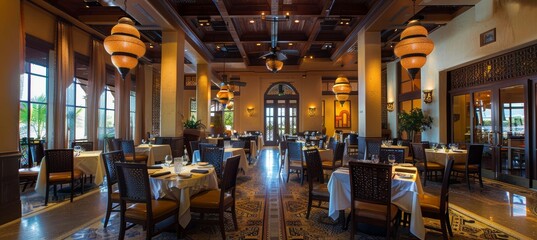 Upscale Restaurant with Ambient Lighting and Air Conditioning for Comfortable Dining Experience