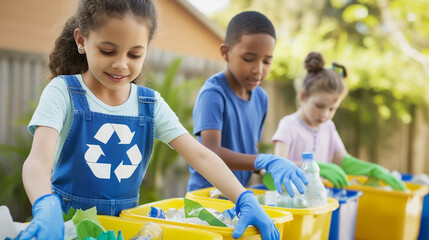 Group of children sorting Separate garbage and different types of recyclable materials into bins, recycle and cultivate awareness in separating waste and saving the world.