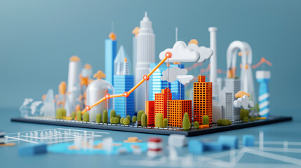 Fototapeta premium Line graph showing trends in greenhouse gas emissions from industry and modern city, climate change, global warming and save the world concept.