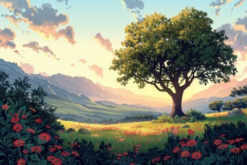 Adam in the Garden of Eden in cartoon style