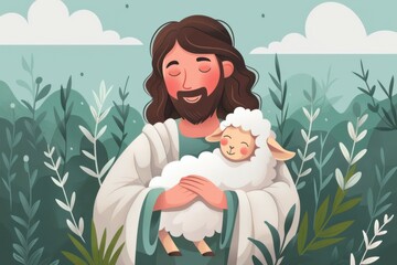 Jesus Christ holding a sheep in his hands in cartoon style
