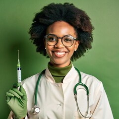 A African nurse wearing an apron and stethoscope and glasses. hold on injection. face reaction smiling on a solid background.