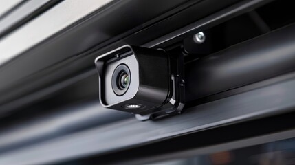 Naklejka premium The sleek black body of a security camera is fitted tightly into its mount ready to capture any suious activity.