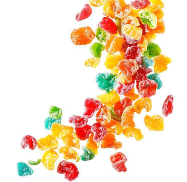 Exploding fruity pebbles cereal, individual separated and pieces floating in Isolated on Transparent background.