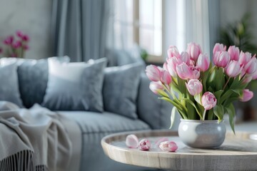 room  Interior of modern room with comfortable sofa and table with spring flowers