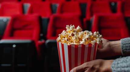 Movies and popcorn. Man holding pop corn box at cinema. Action, thriller or scifi entertainment on screen. Red seats in dark theater. Salty snack in bucket. Spectator pov. Film premiere. 