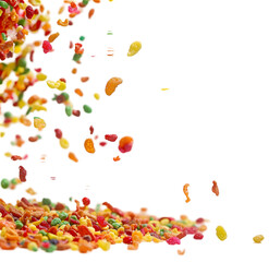 Exploding fruity pebbles cereal, individual separated and pieces floating in Isolated on Transparent background.