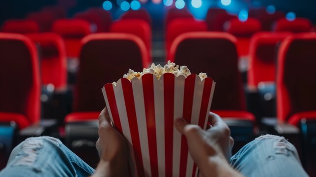 Movies and popcorn. Man holding pop corn box at cinema. Action, thriller or scifi entertainment on screen. Red seats in dark theater. Salty snack in bucket. Spectator pov. Film premiere.
