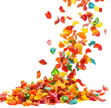Exploding fruity pebbles cereal, individual separated and pieces floating in Isolated on Transparent background.