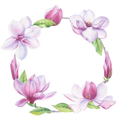 A wreath of watercolor flowers, leaves and magnolia buds. A blooming flower.
