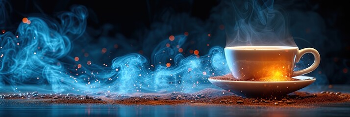 Banner, A cup with hot coffee on the table with a background with special lighting effects, space for text