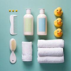 Baby cosmetic products, toys and accessories on wooden table indoors
