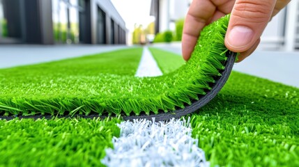 Close-up of a hand laying down artificial turf on a sports field, showcasing maintenance and installation process on a sunny day.