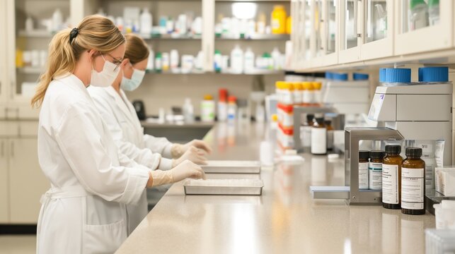 Pharmacists in a compounding lab preparing custom medications, specialized pharmacy, patient-specific care