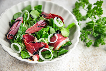 salad duck breast meat magret fresh meal food snack on the table copy space food background rustic top view