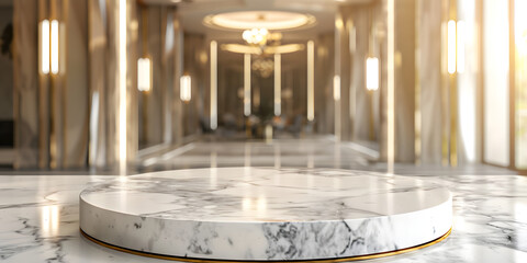 Polished marble podium with soft lighting, against a blurred sophisticated interior, ideal for premium home decor or luxury timepieces 
