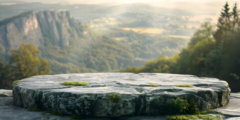 Rustic stone podium with natural light, set against a blurred mountain landscape, ideal for outdoor adventure gear or eco-friendly products 