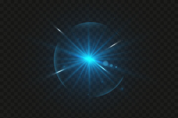 Abstract glowing light PNG explodes with bright blue light on a black background. The bright sun is shining PNG. Special glare effect. Bright flash.
