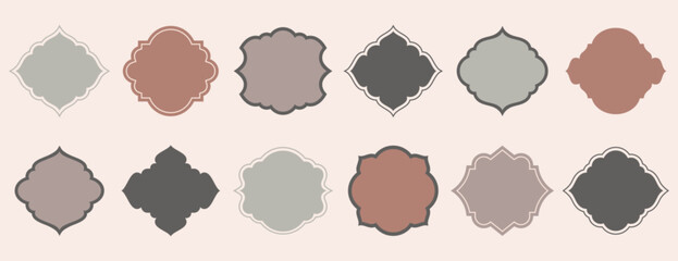 Old islamic window shape in oriental style. Arabic frames or arabian mosque arches in beige pastel colors. Muslim architecture geometric design elements or moroccan minimal arc set. Eid mubarak badges