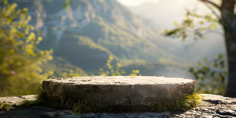 Rustic stone podium with natural light, set against a blurred mountain landscape, ideal for outdoor adventure gear or eco-friendly products 