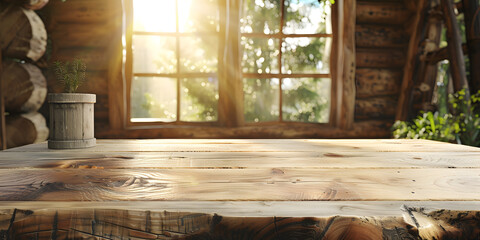 Rustic wooden podium with natural light, against a blurred cozy cabin background, ideal for artisanal crafts or handmade products