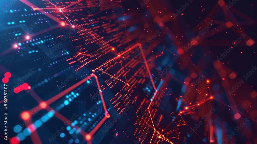 Wall mural illustration of web development with futuristic polygonal red lines and glowing stars using angle br