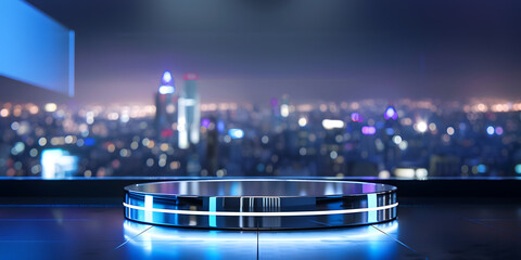 Sleek chrome podium with reflective lighting, set against a blurred futuristic cityscape, perfect for advanced tech gadgets or luxury automotive products