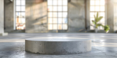 Textured concrete podium with subtle lighting, against a blurred industrial loft background, suitable for contemporary decor items or minimalist products