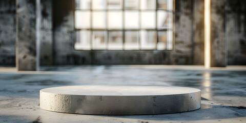 Textured concrete podium with subtle lighting, against a blurred industrial loft background, suitable for contemporary decor items or minimalist products