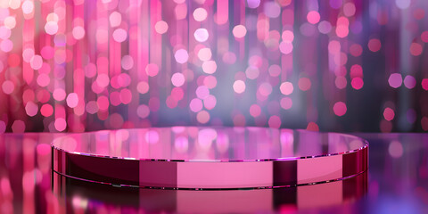 Chic acrylic podium with reflective surfaces, against a blurred fashion runway background, perfect for stylish accessories or high-end fashion items 