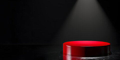Glossy red podium with spotlight, set against a dramatic black background, perfect for bold fashion statements or high-impact product launches