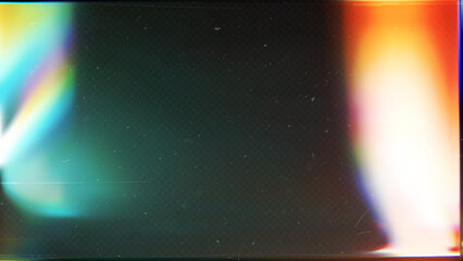 Old film light leaks texture with scratches, noise, iridescent stripes. Rainbow lens flare effect, camera film filter with bokeh, dust, grain. Distressed retro movie, photo burn effect. 3D vector bg