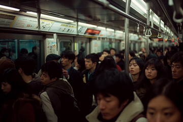 Fototapeta premium Crowds of Asian people crowd the morning commute to work on the train.