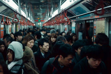 Crowds of Asian people crowd the morning commute to work on the train.