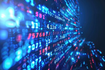 Binary data processing cybersecurity concept with digital image against blue background.