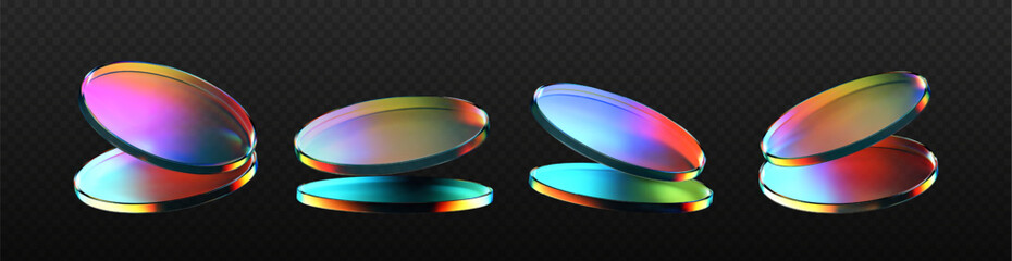 3d glass flying product podium with rainbow, holographic effect isolated on dark background. Render transparent glass cosmetic or award pedestal, disk stage with iridescent gradient. 3d vector figure