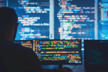 Developer creating website code in office.