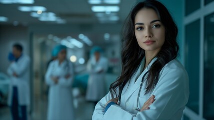 Naklejka premium Portrait of a young beautiful woman, a professional doctor, nurse, physician in a white coat, uniform with a stethoscope in a hospital or clinic, concept of health, treatment, medicine, healthcare.