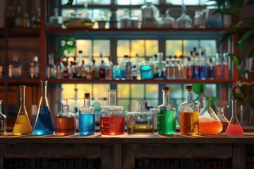 Laboratory glassware with colorful liquids on table in chemistry class room