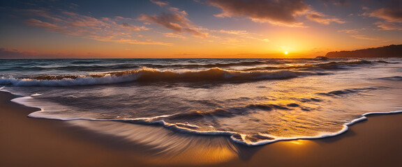 Naklejka premium Golden Sunset Over Gentle Ocean Waves on Tranquil Beach