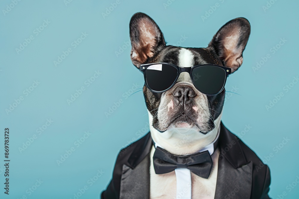 Wall mural Cute dog in modern tuxedo and sunglasses on blue background