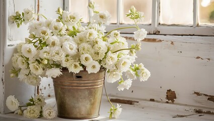 Fototapeta premium Spring flowers in white bucket on background old white wall