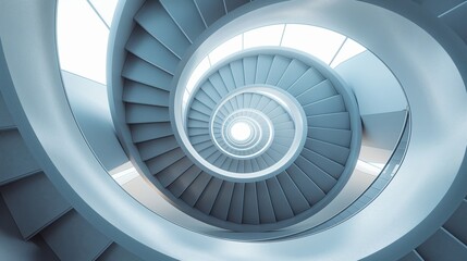 Spiral staircase creating a mesmerizing optical illusion with blue steps and white railings. Architectural photography with a modern design concept for interior.