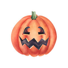 Pumpkin with a face. Hand-drawn watercolor illustration. An isolated element for Halloween, the day of the dead. A bundle for the design of invitations, postcards, invitations, stickers, posters.