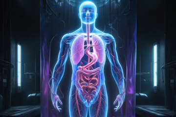 
Vibrant hologram of human body's 3D structure in futuristic laboratory, pulsating with sci-fi mystery and ethereal energy.