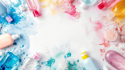 watercolor background with copy space. backdrop with different bottles for cosmetics. Protecting the environment and nature from plastic. Eco-friendly materials