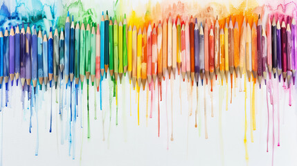 watercolor background with copy space. backdrop with colorful pencils for drawing. Background for artists and schoolchildren.